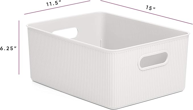 Superio Ribbed Collection - Decorative Plastic Basket Lidded Home Storage Bins Organizer, Large White (2 Pack - 15 Liter) Stackable Container Box, for Organizing Closet Storage Bins for Shelves