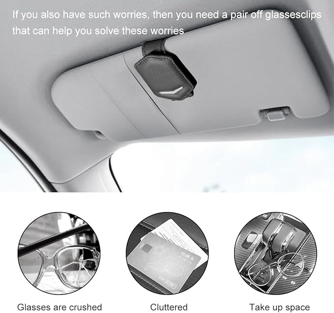 KVAEY Sunglasses Holders for Car Sun Visor, Magnetic Auto Visor Eyeglasses Holder Ticket Card Clip, Multifunctional Leather Sun Visor Glasses Hanger Mount Clip, Car Accessories (Black)