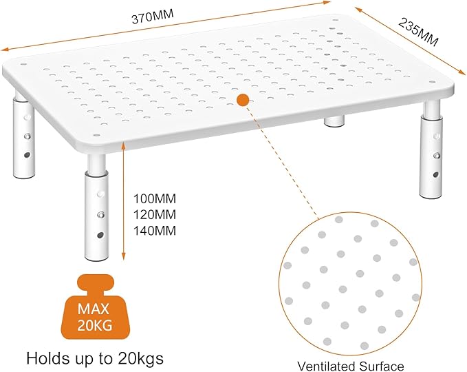 Bracwiser Monitor Stand Riser,3 Level Height Adjustable Desktop monitor stand for Computer, Laptop, Printer, Notebook with Vented Metal Platform 370X235MM 2 Packs,White
