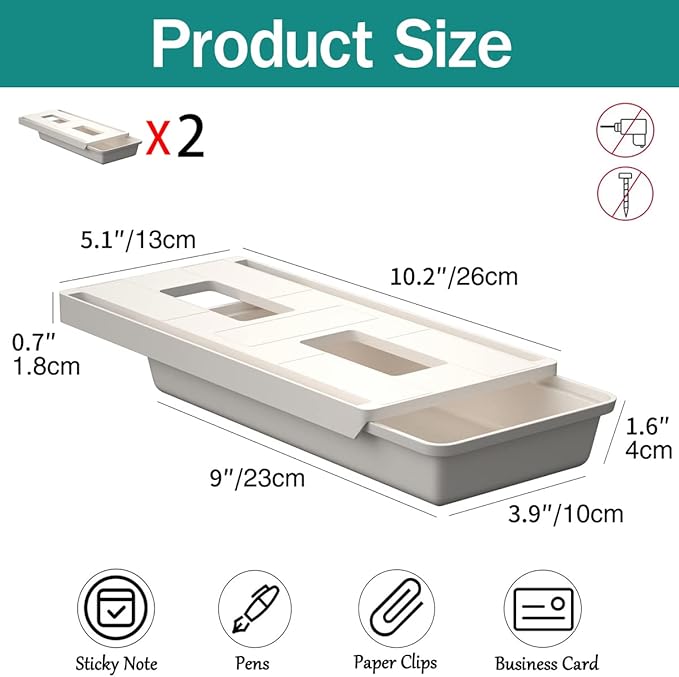 SVNNELP 2Pack Under Table Desk Drawer Storage Organizer Slide Out, Hidden Self-Adhesive Under Desktop Pencil Tray Drawer for Office,Classroom,Kitchen(S/white）