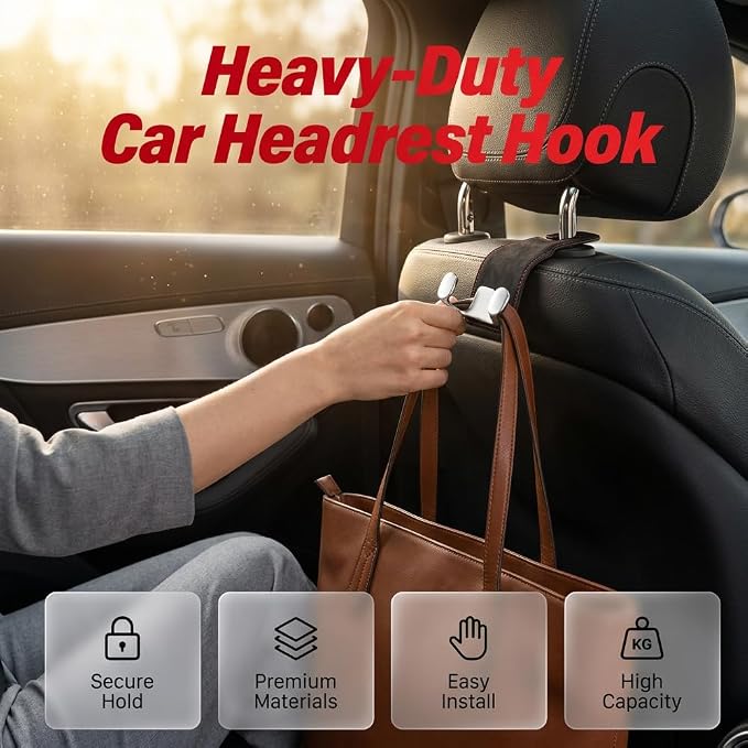 Car Purse Hook, Leather Headrest Hooks for Car, Heavy Duty Car Hooks, Universal Purse Holder for Car Seat, Vehicle Organizer Hanger for Handbag Grocery Bag Backpack Coat (Beige-4sets)