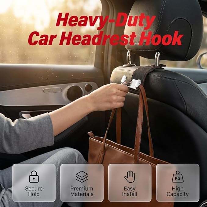 Car Purse Hook, Leather Headrest Hooks for Car, Heavy Duty Car Hooks, Universal Purse Holder for Car Seat, Vehicle Organizer Hanger for Handbag Grocery Bag Backpack Coat (Grey-1set)
