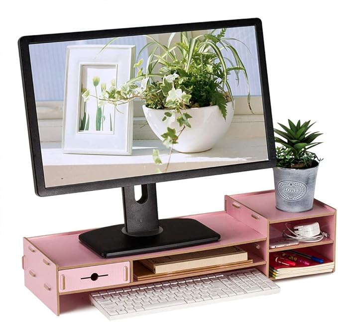 Alvinlite Monitor Stand Riser with 2 Tier Shelf, Desktop Organizer Desk Monitor Stand with Drawer for Screen, Laptop, Printer, Bookshelf for Home & Office, 18.7 Inch Wood Shelf, Pink