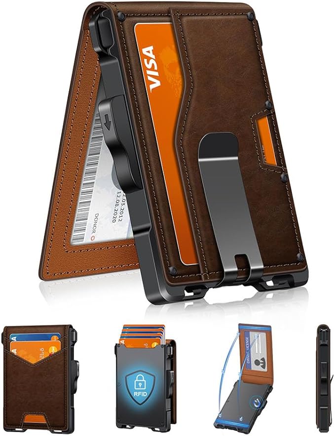 GHUKY Wallet for Men, Minimalist Slim Mens Wallet with Money Clip, RFID Blocking Smart Pop Up Card Wallet with ID Window, Compact Bifold Wallet,Metal Aluminum Credit Card Holder