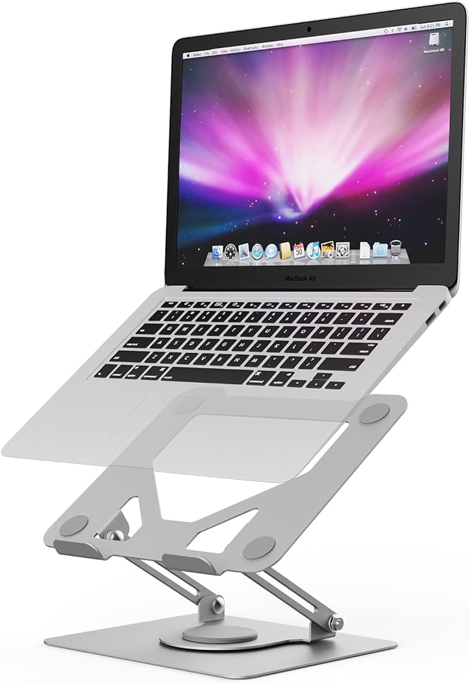 GRIFEMA Laptop Stand for Desk, Foldable Laptop Riser with 360° Swivel Base, Adjustable Height & Angle, Ventilated Computer Stand Compatible with MacBook Air/Pro, Dell, and 11-17" Laptops - Silver