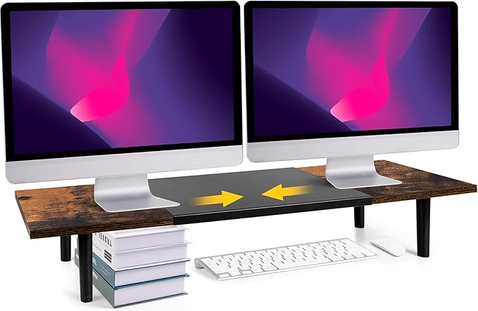 Dual-Monitor-Stand-Riser-For-Desk Adjustable Length 32-40 Inch，Large Desktop Computer Monitor Riser For 2 Screens，Desk Shelf Organizer Riser Stand For Computer/Laptop/PC/Printer/TV Black