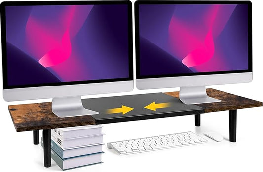 Dual-Monitor-Stand-Riser-For-Desk Adjustable Length 32-40 Inch，Large Desktop Computer Monitor Riser For 2 Screens，Desk Shelf Organizer Riser Stand For Computer/Laptop/PC/Printer/TV Black