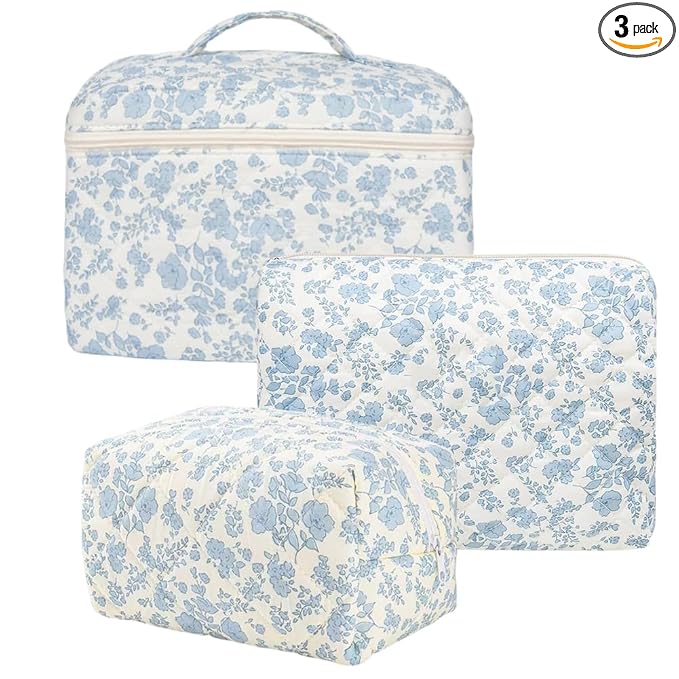 Makeup Bag Travel Large Quilted Toiletry Bag 3 Pack Portable Cosmetic Organizer Pouch with Small Brush Storage Case Zipper Waterproof for Women,Blue Flower