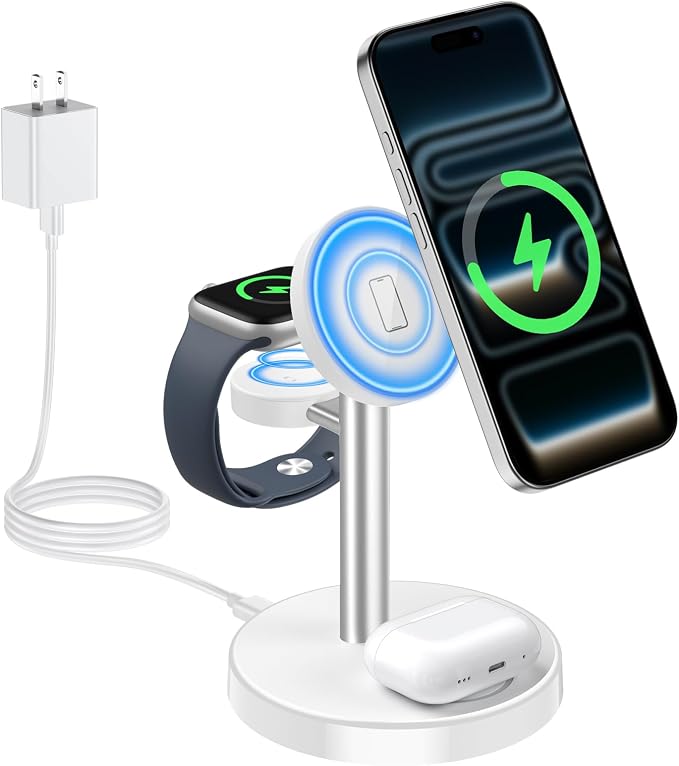 Aeinidi 2026 3 in 1 Wireless Charging Station Compatible with MagSafe Charger Stand, 15W Fast Magnetic Mag-Safe Charger for iPhone 17 16 15 14 13 12 Series Apple iWatch AirPods Pro 4 3 2