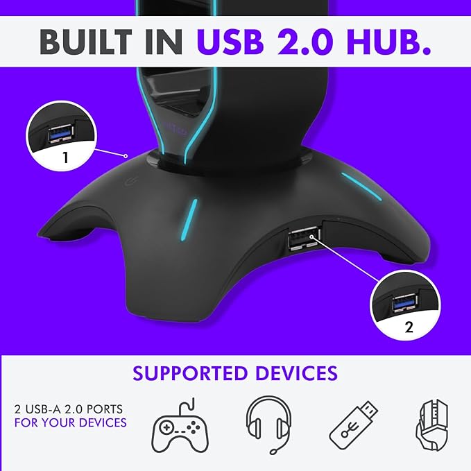 Tilted Nation Gaming Headset Stand | RGB Headphone Stand for Desk with Mouse Bungee and USB Hub (Cool and Clean Setup) Gaming Headset Holder - Perfect Gamer Gift Accessory