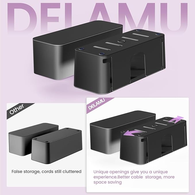DELAMU 2 Pack Black Cable Box Cord Hider Box, Large and Mudium Cord Box for Gaming Desk, Home, Office, Hide TV Wires, Floor Cord Covers, Power Strip Cover Box Baby Proof