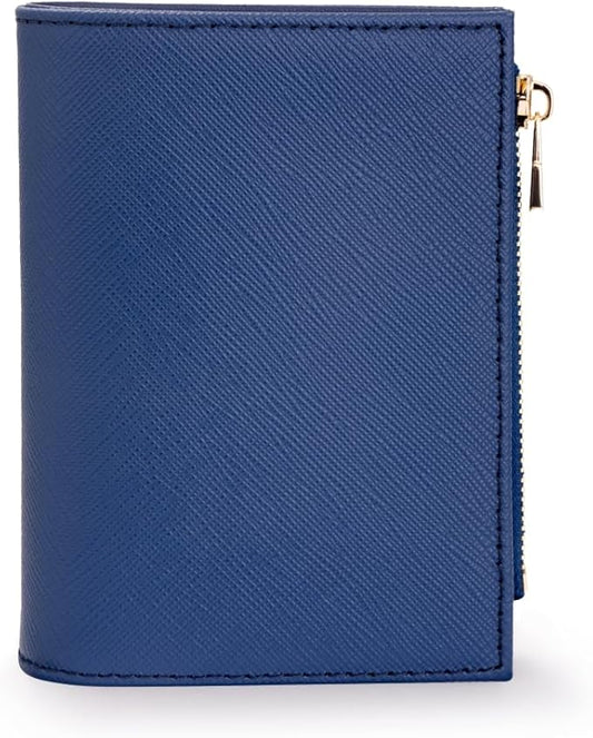 Slim Bi-fold Checkered Quilted Leather Wallet | Classic Minimalist Style w. ID Window/Card Slot/Bill Holder/Zip Coin Pocket for Women (Navy - Saffiano Leather)