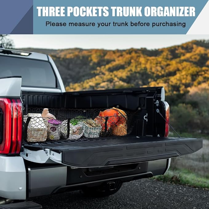 Cargo Net Trunk Bed Organizer, Mesh Storage Net with 4 Metal Buckles, Expandable 3 Pocket Heavy-Duty Cargo Net Organizer Trunk Accessories Universal Fit Car SUV Pickup Truck