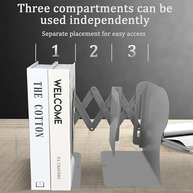 Adjustable Bookends, 19 inches 2 Dividers Heavy Duty Metal Book Holders, Book Storage Rack, Desk Organizer Magazine File Holder for Office, School, Bookstore and Home, Grey