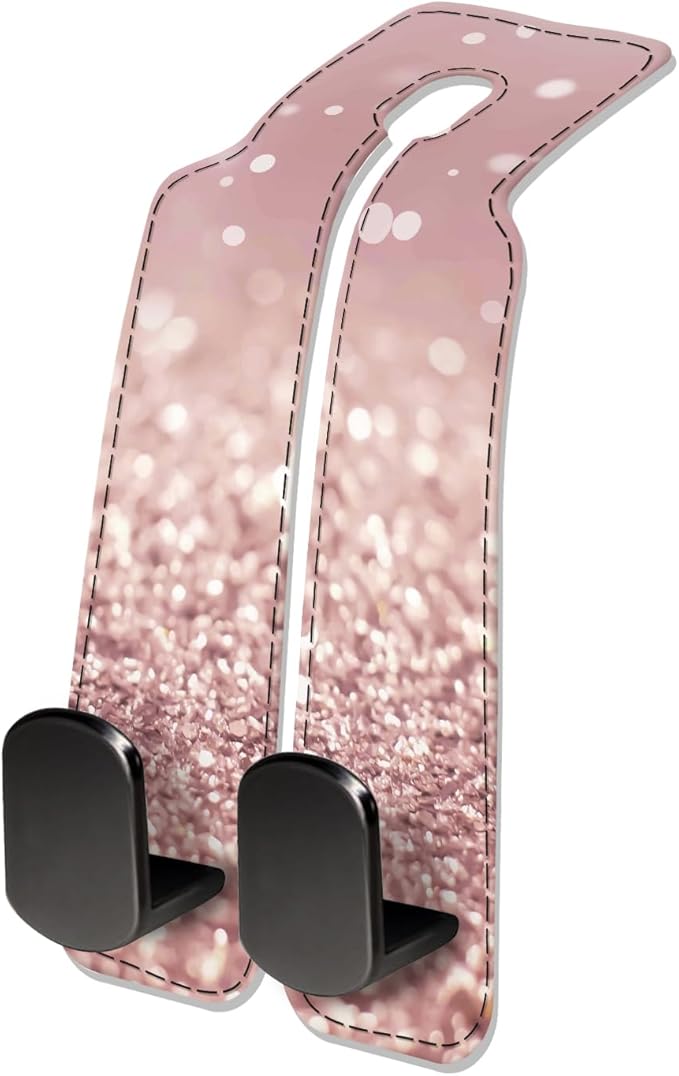 Car Seat Headrest Hook, Universal Leather Cute Hanger Holder Hook, Storage Organizer Interior Accessories for Purse Bags Handbag Glitter Pink Pattern