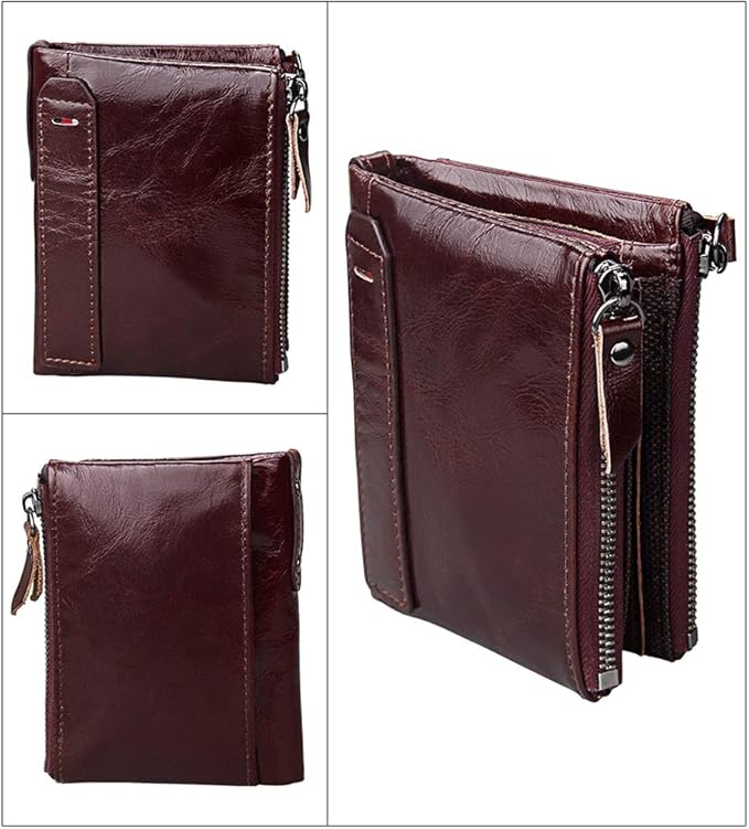 Men's Folding Double Zip Wallet RFID Blocks Retro Short Coin Purse