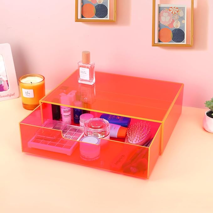 Gelite Acrylic Desk Organizer with Drawer for Makeup Vanity Stackable Desktop Storage Box for Office Supplies, 13.8 x 9.8 x 3.9’’, Neon Pink