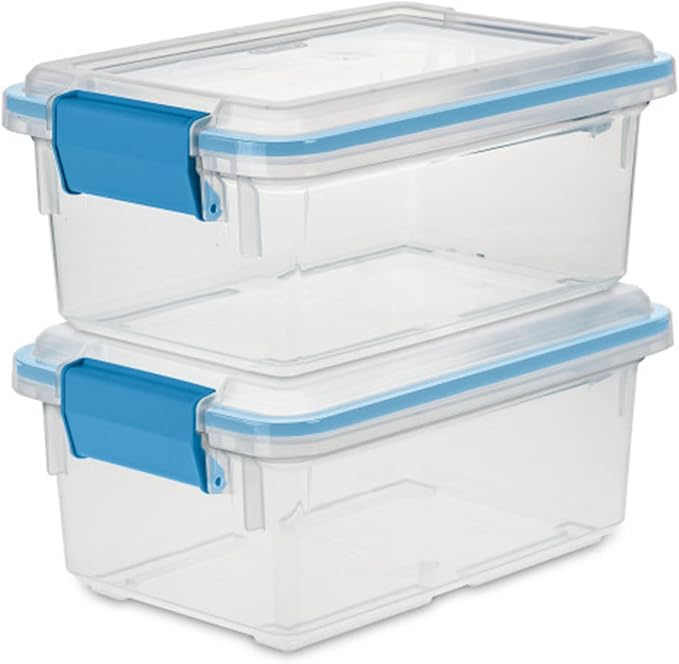 Sterilite 7.5 Qt Gasket Box, Stackable Storage Bin with Latching Lid and Tight Seal, Plastic Container to Organize Basement, Clear Base, Lid, 1-Pack