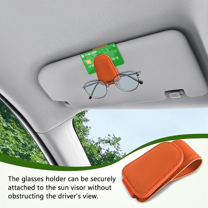 Sunglass Holder for Car, Sunglasses Clip for Car Visor, Magnetic Leather Vehicle Eyeglass Hanger Clip, Auto Ticket Card Glasses Organizer Clamp Accessories for SUV Sedan (Orange)