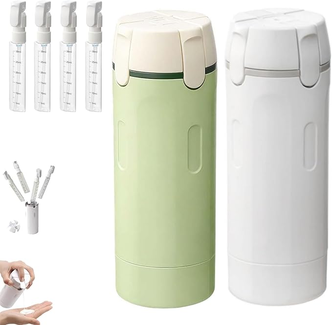 HISKI 4 in 1 Travel Bottles for Toiletries,Portable Travel Toiletries Bottle Set, Portable Containers for Shampoo Lotion Conditioner Cream Transparent with Scale and Label (White+Green-2PCS)