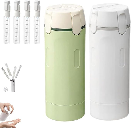 HISKI 4 in 1 Travel Bottles for Toiletries,Portable Travel Toiletries Bottle Set, Portable Containers for Shampoo Lotion Conditioner Cream Transparent with Scale and Label (White+Green-2PCS)