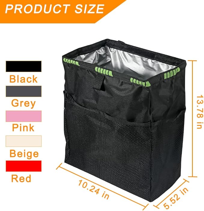 Hanging Car Trash Can with Storage Pockets, Waterproof Leakproof Automotive Garbage Bag, Washable Foldable Large Capacity Vehicle Trash Bin, Universal for RV, SUV, Truck (Black)