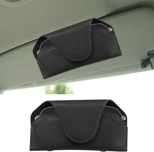 Sunglass Holder for Car Visor, Magnetic Leather Auto Sun Visor Eyeglasses Protective Storage Case with Mount Clip, Vehicle Interior Eyewear Organizer Accessory for Most Cars (Black)