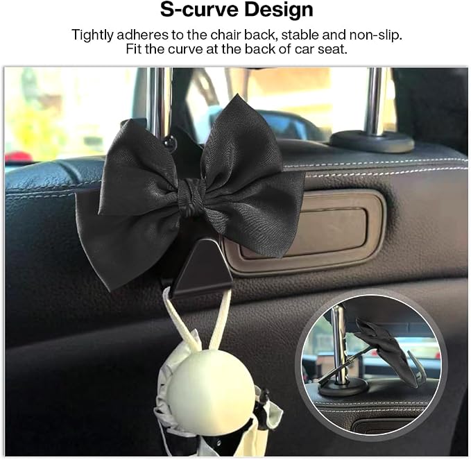 2 Pack Car Seat Headrest Hook, Auto Seat Hook Hangers Storage Organizer Interior Accessories for Handbag Clothes Coats Grocery Bags (Black silk)