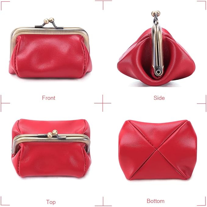 Genuine Leather Mini Vintage Coin Purse Kiss Lock change purse Cute Coin Purse Coin Organizer (Red)