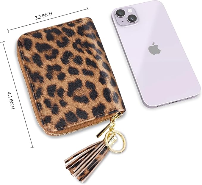 Coco Rossi Women's Small Credit Card Wallet RFID Cute Card Holder for Women with Tassel, Leopard