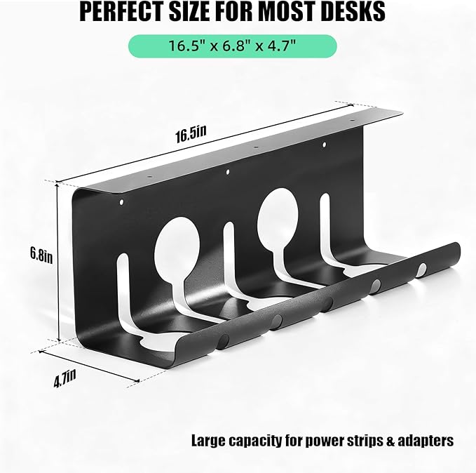 Large Metal Under Desk Cable Management Tray, 16.5"L x 4.7"W x 6.8"H, 2 Pack Under Desk Cable Tray, Wire Organizer for Power Strip, Tape Mount or Screw Mount, Easy Install Cord Raceway for Desk & Home