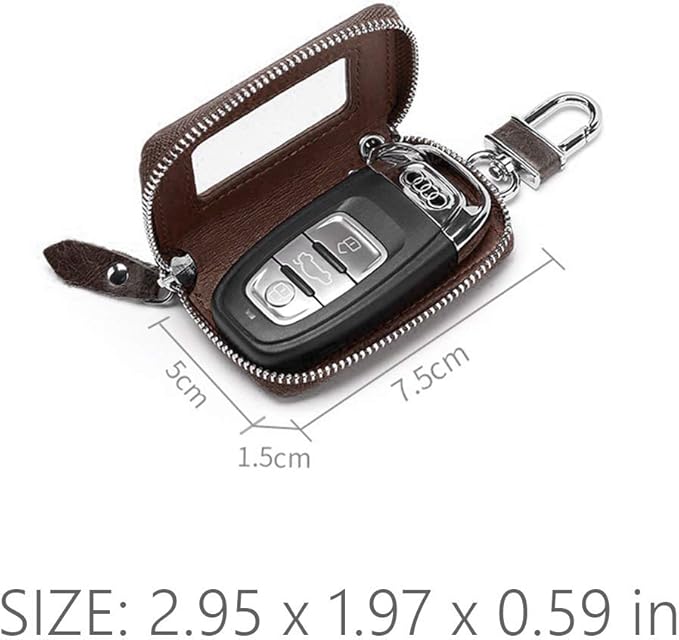 BAKUN Premium Mini Leather Car Key Case, Car Smart Key Chain Holder Wallet Zipper Bag for Remote Key Fob