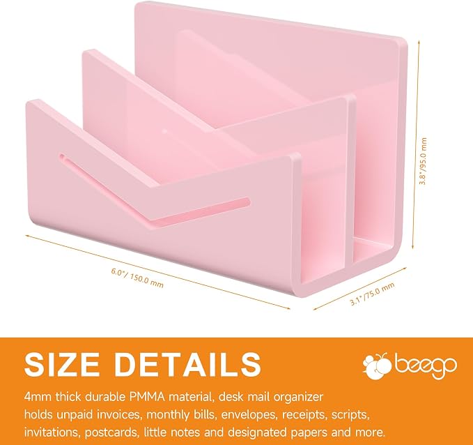 Beego Envelope and Mail Organizer Countertop - 2 Compartments Pink Acrylic Desk Organizer Letter Holder Desktop File Sorter Bill Document Folder Rack for Office, Home, School Desk Organization