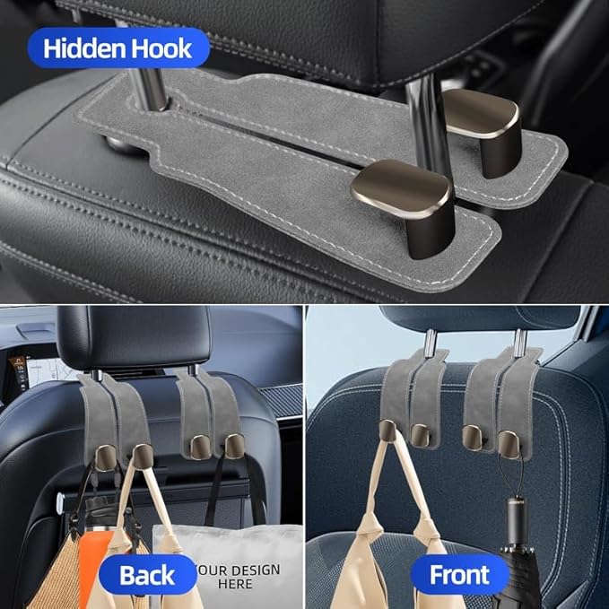 2 Pack Car Hooks for Headrest, Double Car Seat Headrest Hooks, Car Seat Back Storage Hook for Purses and Bags, Leather Purse Hook for Car, Car Bag Hooks Gray