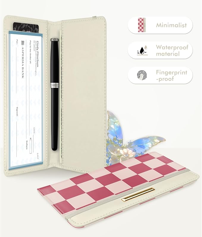 Printed Checkbook Cover, RFID Blocking Checkbook, Stylish, Lightweight, Slim Durable, Multi-Functional Checkbook Holder for Personal and Business Checks (Plaid-Pink)