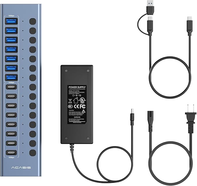 Powered USB 3.2 Hub, ACASIS 16 Ports USB 3.2 Hub(8 USB-A 3.2 Ports+8 USB-C 3.2 Ports), Aluminum USB Hub Powered with 96W Power Adapter, USB Hub for PC/Laptop, Computer, Flash Drive, Printer, Camera