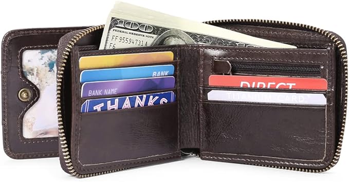GOIACII Wallets for Men Genuine Leather Front Pocket Wallet RFID Zip Around Bifold Credit Card Holder | RFID, Zip Around, Bifold, Credit Card Holder