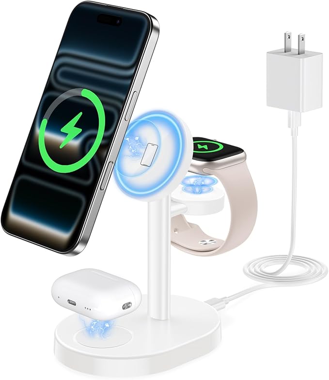 Hevanto 2026 3 in 1 Wireless Charging Station for Apple MagSafe Charger, 15W Fast Mag-Safe Charger Stand for iPhone 17 16 15 14 13 12 17e Apple Watch AirPods Compatible with MagSafe, White