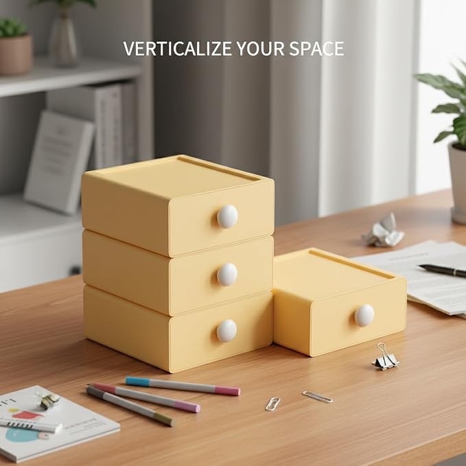 Stackable Desktop Storage Box with Lid, PP Plastic Organizer Bin for Office Desk Clutter, Space Saving File & Supply Container