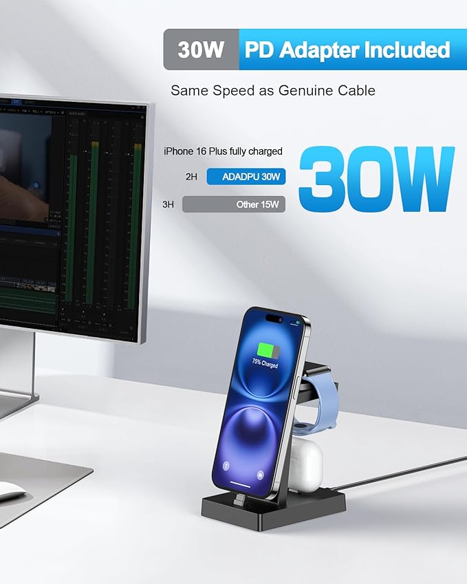 30W Fast 3 in 1 Charging Station for Apple Devices - ADADPU USB C Charger Stand for iPhone 17 16 15 Pro Max Plus & AirPods 4,Wireless Charger Dock Compatible with Apple Watch Ultra/10/9/8/7/6/5/4/3/SE