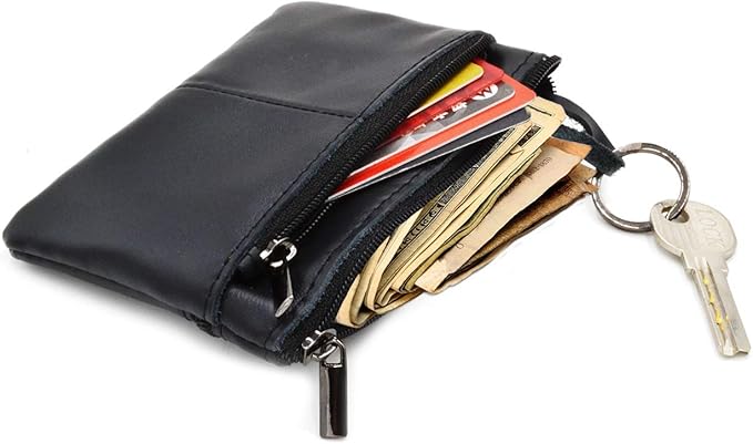 Freezx Women Genuine Leather Coin Pouch Zip Mini Purse Wallet Key Chain 3 Zipper
