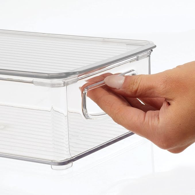 mDesign Plastic Storage Bin Box Container with Lid and Built-in Handles - Organization for Pens, Pencils, or Work Supplies in Home Office, Cabinet, or Desk Top, Ligne Collection - 4 Pack - Clear