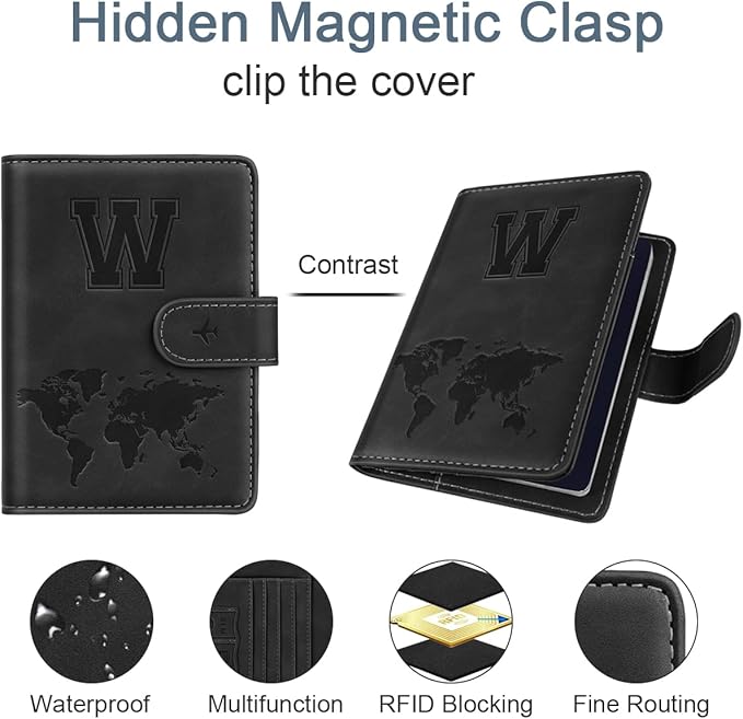 Passport Holder Wallet Cover Personalized Letter A-Z Travel Wallet RFID Blocking Passport Cover Wallet Case for Travel Passport Book Holders for Women and Men, Black-W