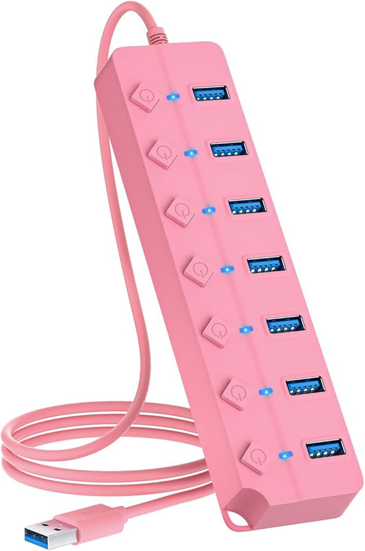 ONFINIO USB Hub 3.0, 7-Port USB Hub Splitter with Individual On/Off Switches and Lights, 3.2ft/1m Long Cable Compatible with MacBook, Laptop, Surface Pro, PS4, PC, Flash Drive, Mobile HDD-Pink