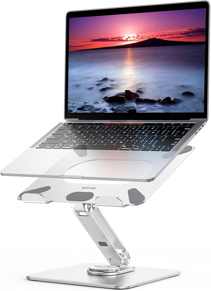 BESIGN LSX7 Laptop Stand with 360 Rotating Base, Ergonomic Adjustable Notebook Riser, Foldable Computer Holder Compatible with 10-15.6" Laptops (Silver)