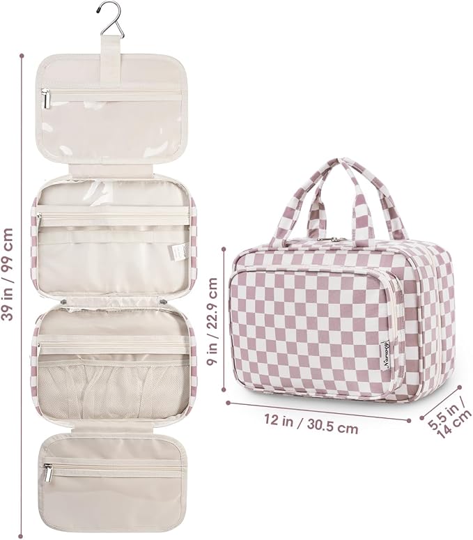 Narwey Travel Toiletry Bag for Women Large Hanging Makeup Bag Organizer Toiletries Bag for Full Size Essentials Accessories Cosmetics (Dusty Pink Checkerboard (Large))