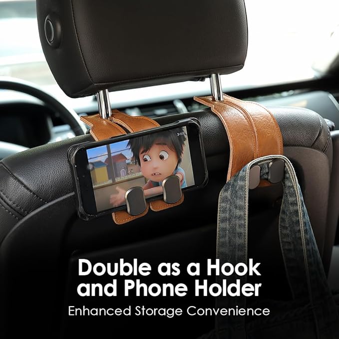 KINIVA Car Seat Headrest Storage Hooks, Set of 2, Suede PU Leather, Double Hooks (06-Brown)