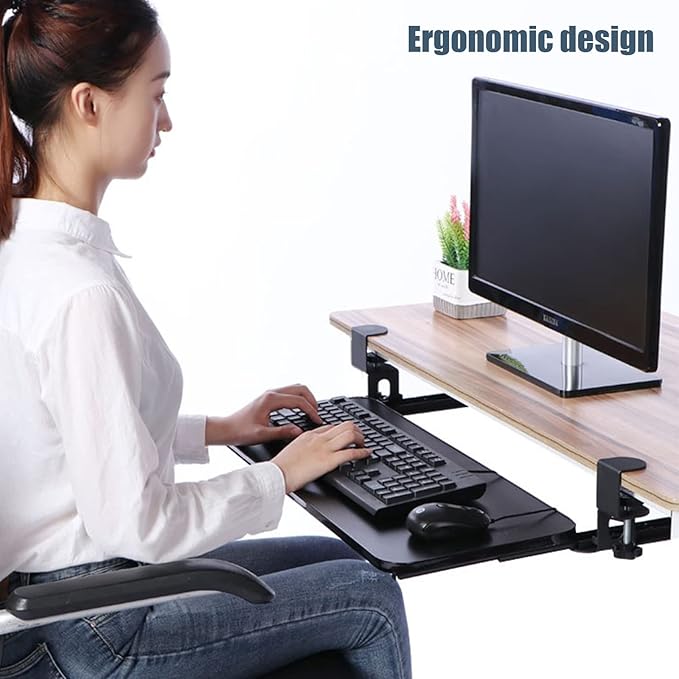 QQXX Swivel Keyboard Tray Under Desk with C Clamp,Adjustable Slide Out Computer Keyboard Stand, Ergonomic Keyboard Shelf for Home or Office, No Screw into Desk(65x25cm(25.6x9.8), White)