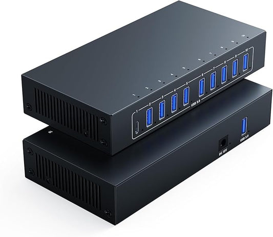 10 Port USB 3.0 Hub, Industrial Powered USB Data Hub with 12V/3A Adapter 105W Output ESD Protection, Rugged Metal Case Mountable USB Expander Splitter