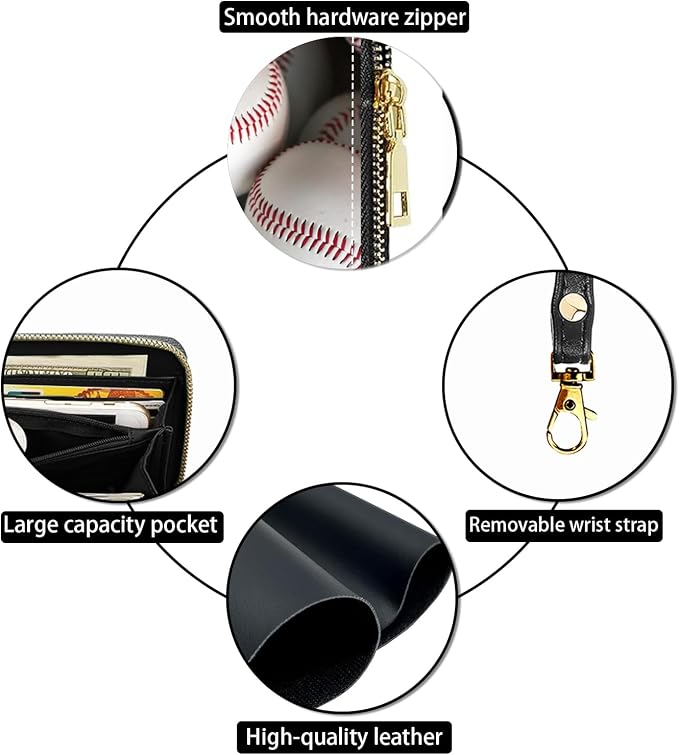 Women's Large Capacity Wallet PU Leather Zip Around Clutch Purse Multifunctional Wallet with Removable Wristlet Strap for Smart Phone/Coin/Card/Cash, Baseballs